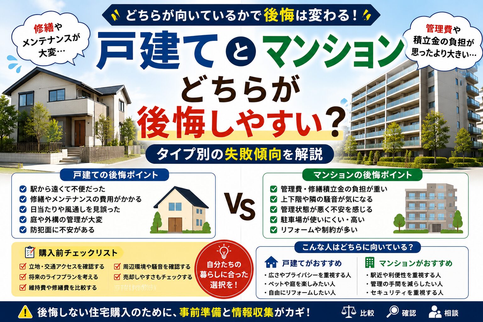 戸建てとマンションどちらが後悔しやすい？タイプ別の失敗傾向を解説