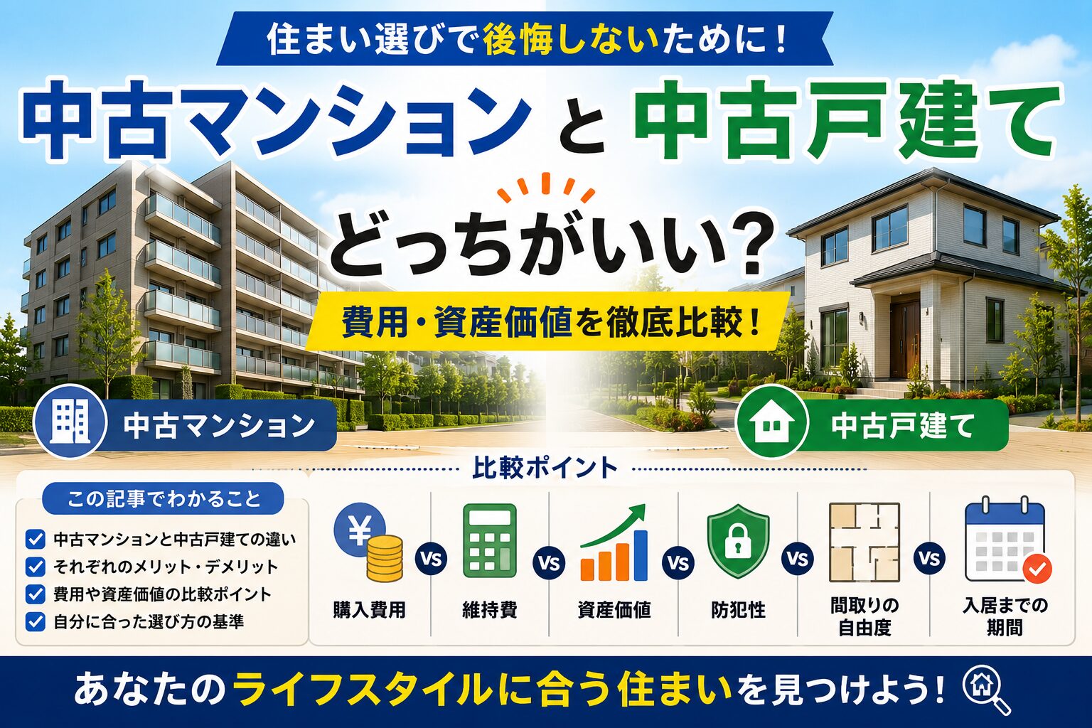 中古マンションと中古戸建てどっちがいい？費用・資産価値を比較
