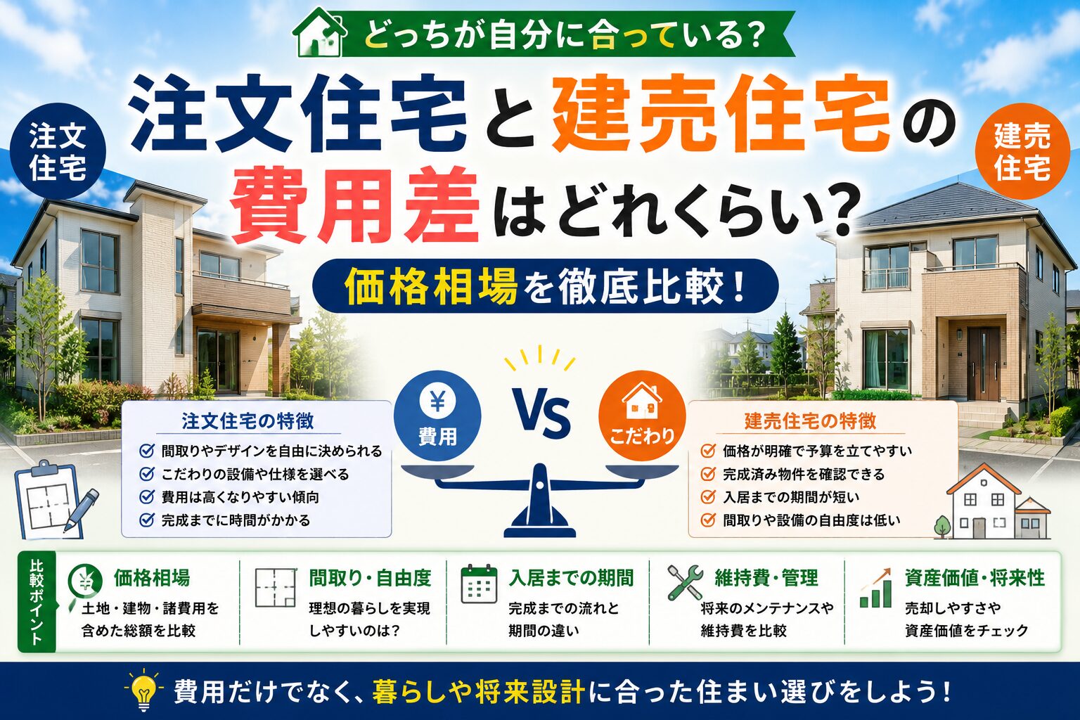 注文住宅と建売住宅の費用差はどれくらい？価格相場を比較